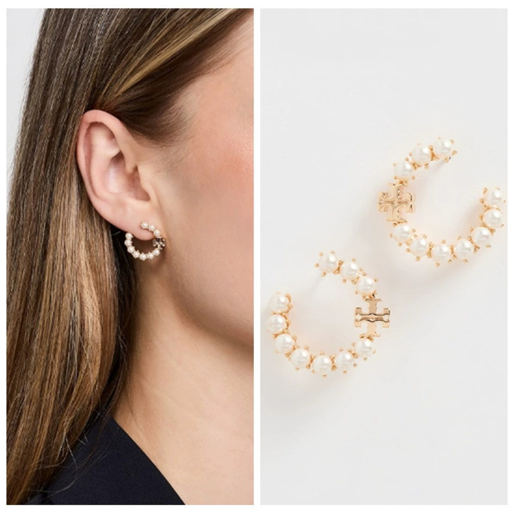 Tory Burch Gold Plated Faux Pearl Half Circle Earrings